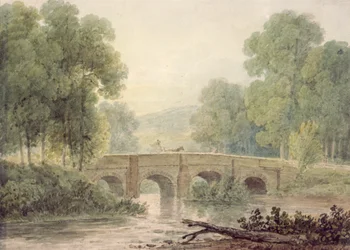 Paysage Boisé avec un Pont de Pierre sur une Rivière
